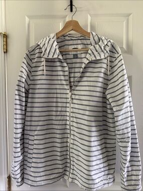Old Navy White Hooded Zip-Up with Light Gray Stripes